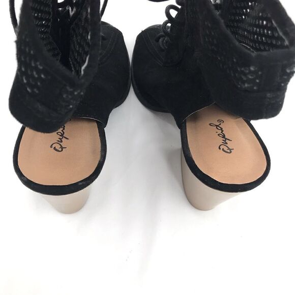 Qupid Perforated Black Faux Suede Open Toe Lace Up Cut Out Ankle Heels - Picture 10 of 15
